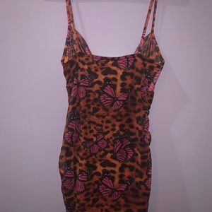 PLT tan leopard butterfly ruched body con dress